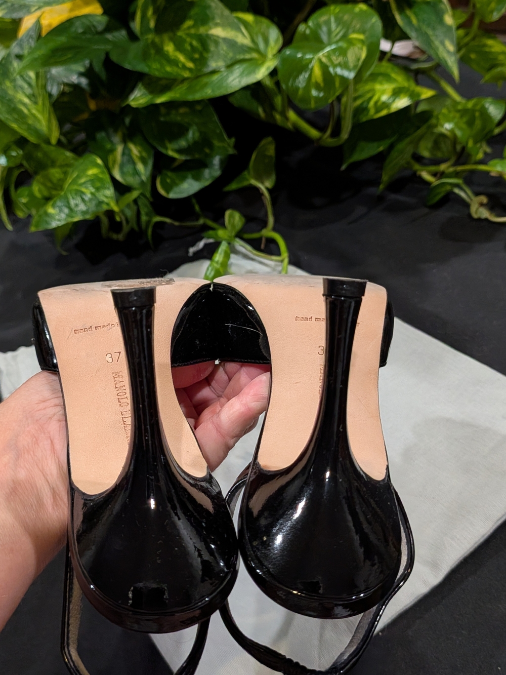 Manolo Blahnik Black Patent Leather Open-Toe Slingback Heels - Picture 6 of 8